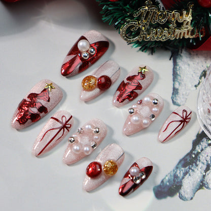 New Nail Beauty Wear Nail Hand-Painted Christmas Style Pearl Festive Cute White Fake Nails Handmade Detachable