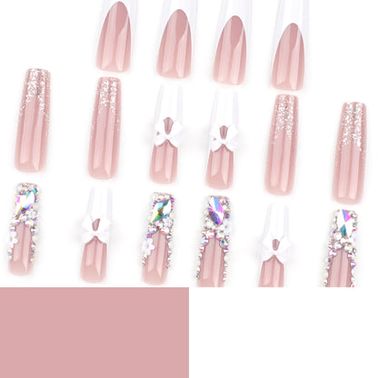 Rhinestone Flash Wear Nail Piece Wholesale Cross-Border French White Nail Bow Flower Rectangular Fake Nails