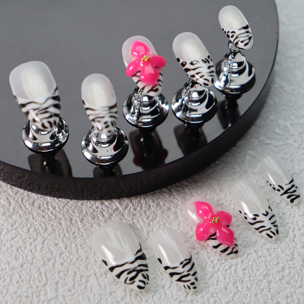 New Style Wear Armor Almond Luminous Simplicity Finished Nail Beauty Fluorescent Flower Zebra Pattern French Wear Armor Handmade