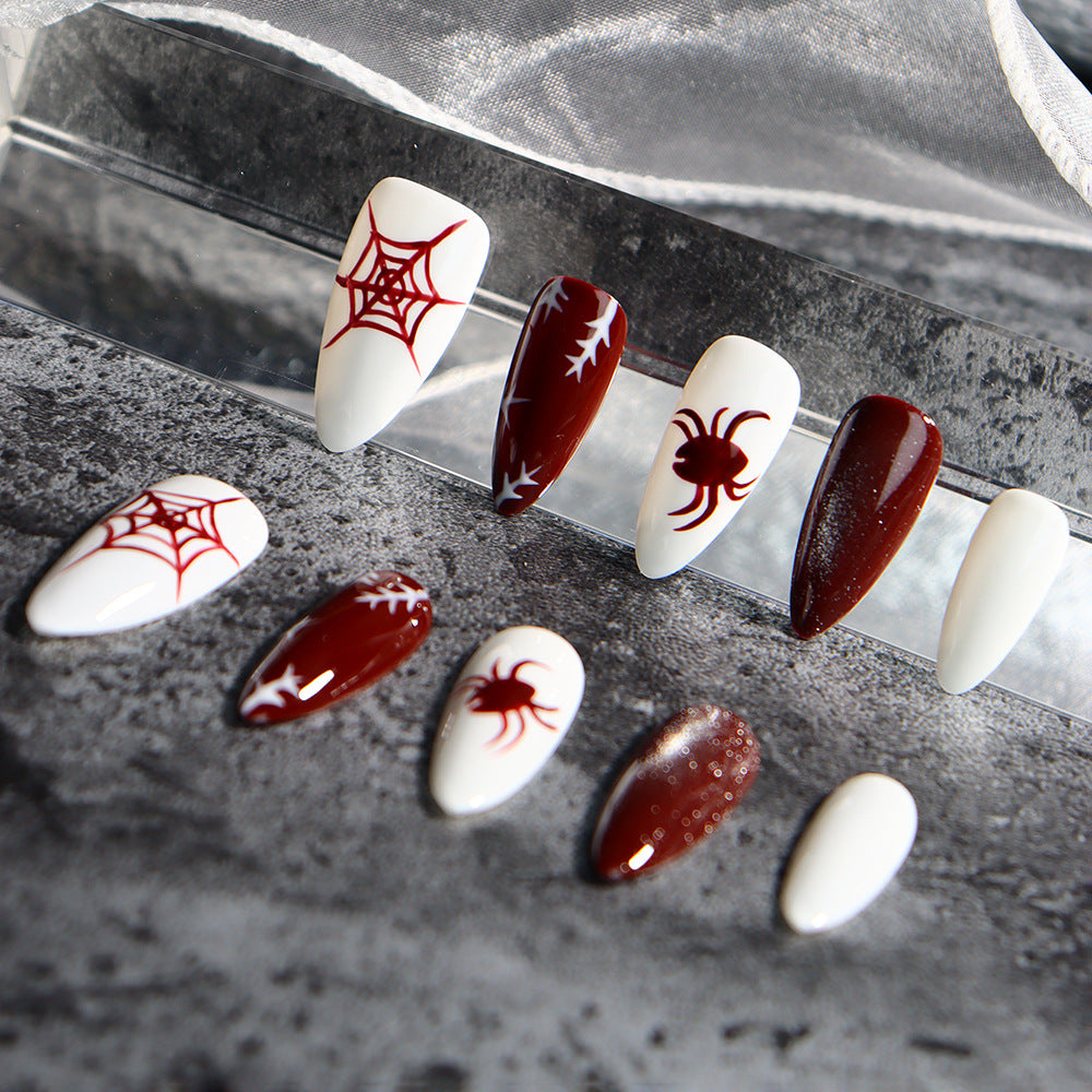 Ins Wind Rock Style Hand-Painted Nail Spider Web Red and White Nail Exclusive for Cross-Border Wholesale