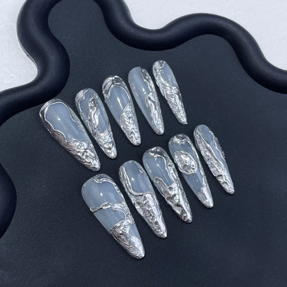 Irregular Three-Dimensional Metal Hot Girl Hand Wear Armor Advanced Cold Tone Silver Magic Mirror Effect Powder Finished Product Nail Stickers