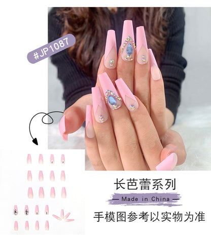 French Long Ballet Blue Rhinestone Temperament Wear Finished Nail Beauty Fake Nails Nail Stickers Foreign Trade Cross-Border Direct Supply