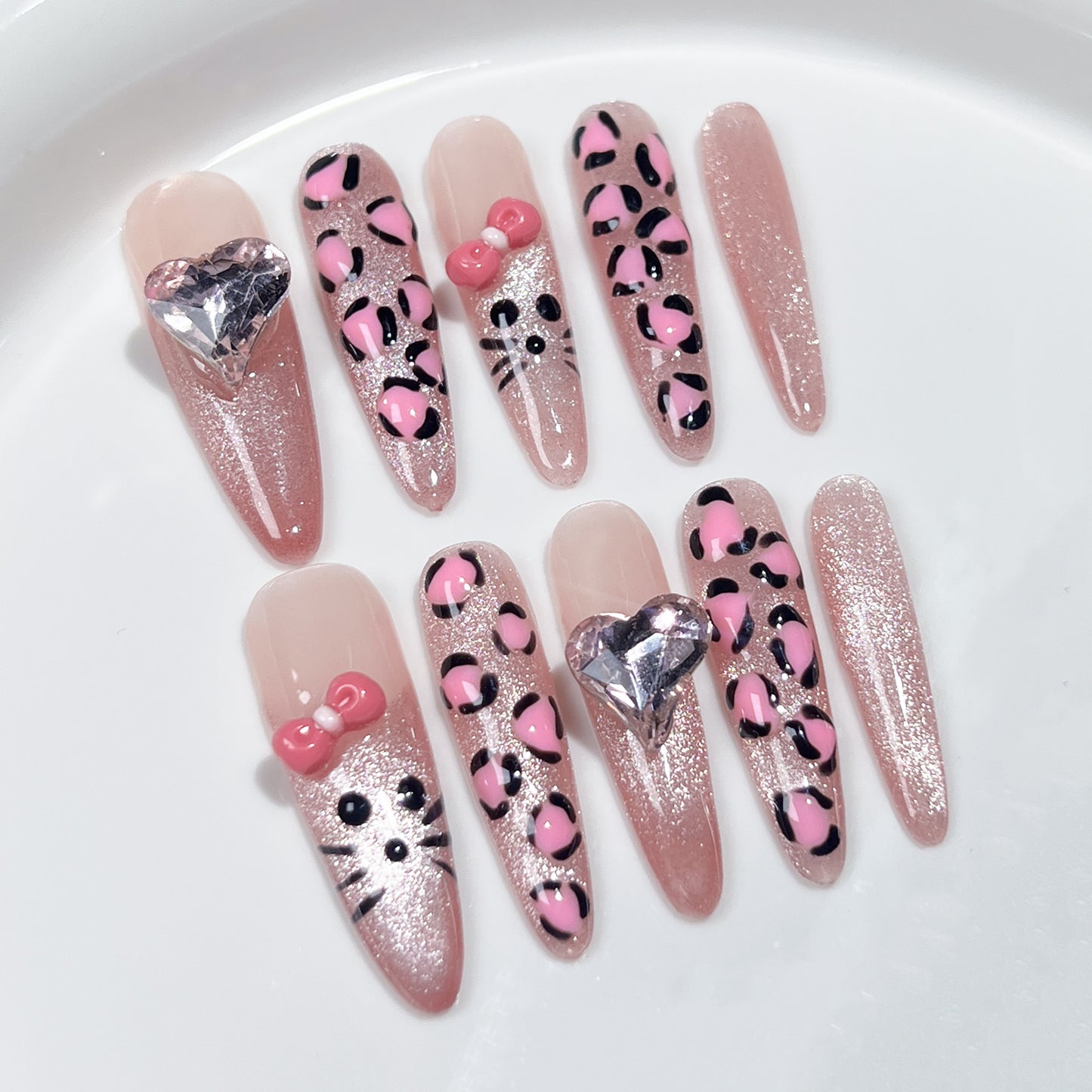 【Dyed Nail】Handmade Wear Nail Pink Leopard Cat Creative Cute Cartoon Sweet Girl Bow Manicure