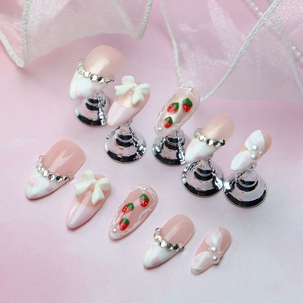 Detachable Wear Nail Tip Strawberry Girl Three-Dimensional Bow French Wear Nail Tip Finished Handmade