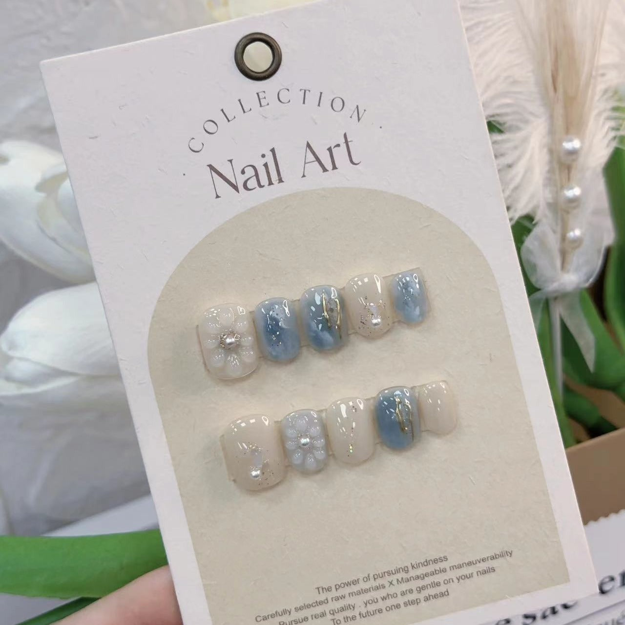 Handmade Wear Nail Short round Nail Hand Painted Daisy Relief Jelly Star River Galaxy Blue and White Marbling Blooming