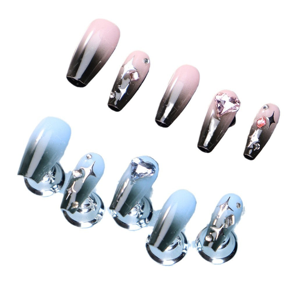 Hot Selling Pure Hand-Made Wear Nail Autumn and Winter High-Grade Gradient Pink Blue Colorful Crystals Sweet Cool Hot Girl Affordable Luxury Style Removable Nail