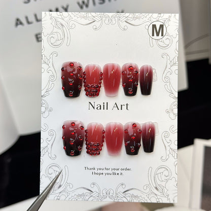 Cross-Border New Arrival European and American Cherry Red Fake Nails Hand-Worn Nail Nail Shaped Piece Removable Nail Stickers Finished Product