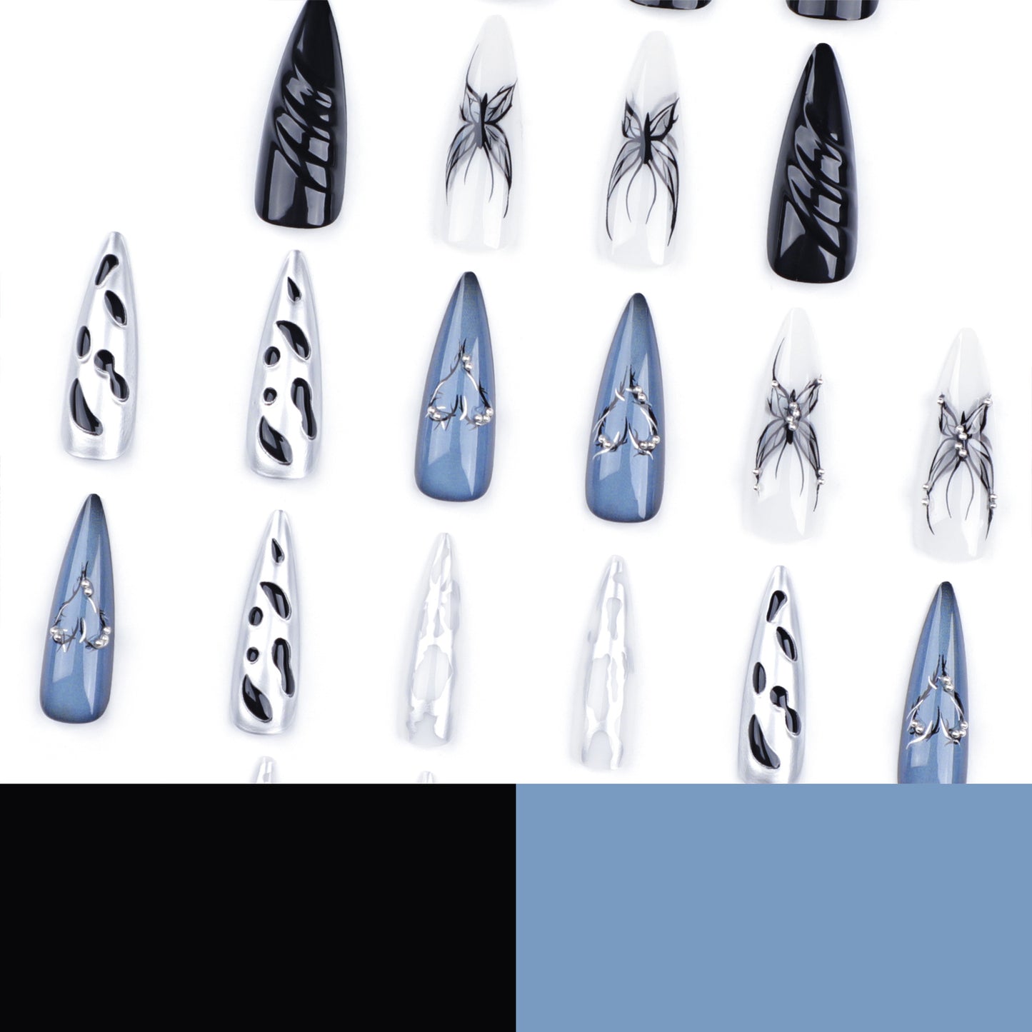 3D Three-Dimensional Water Ripple Wear Nail Cool Super Long Pointed Nail Piece Europe and America Cross Border Butterfly Hot Silver Fake Nails