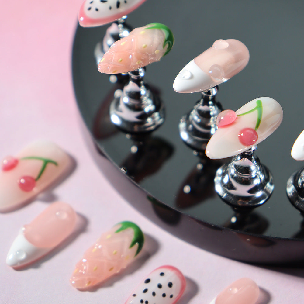 New Nail Beauty Wear Nail Colorful Fruit Cartoon Three-Dimensional Summer Fresh Almond Style White Hand Painted Nail Stickers