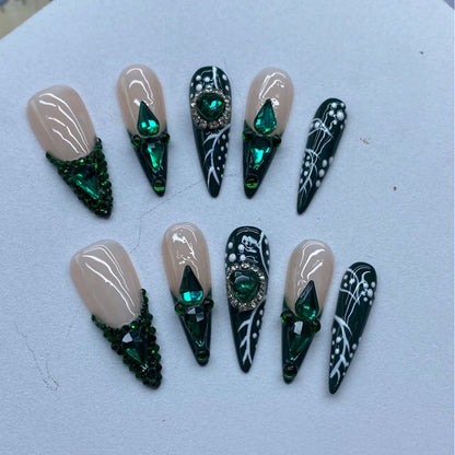 European and American Style Hot Selling Long Pointed Hand-Worn Armor Emerald French Style Full Diamond High-Grade White Manicure