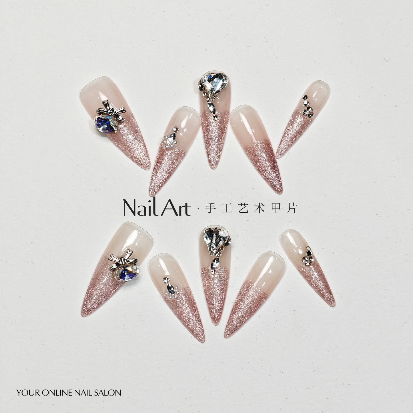 Handmade Wear Armor High-Grade Cat Eye Bow Ice Transparent Nail Stickers White Handmade Fake Nail Tip Wholesale