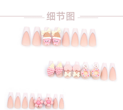 Sweet Cute Pink Ice Cream Cone Manicure Fake Nail Tip Three-Dimensional Love Heart Flowers Wear Nail Nail Patch