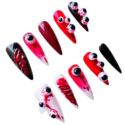 European and American-Style Mid-Length Handmade Wear Nail Halloween Long Pointed Almond Pure Hand Painted Beautiful White Temperament Wear