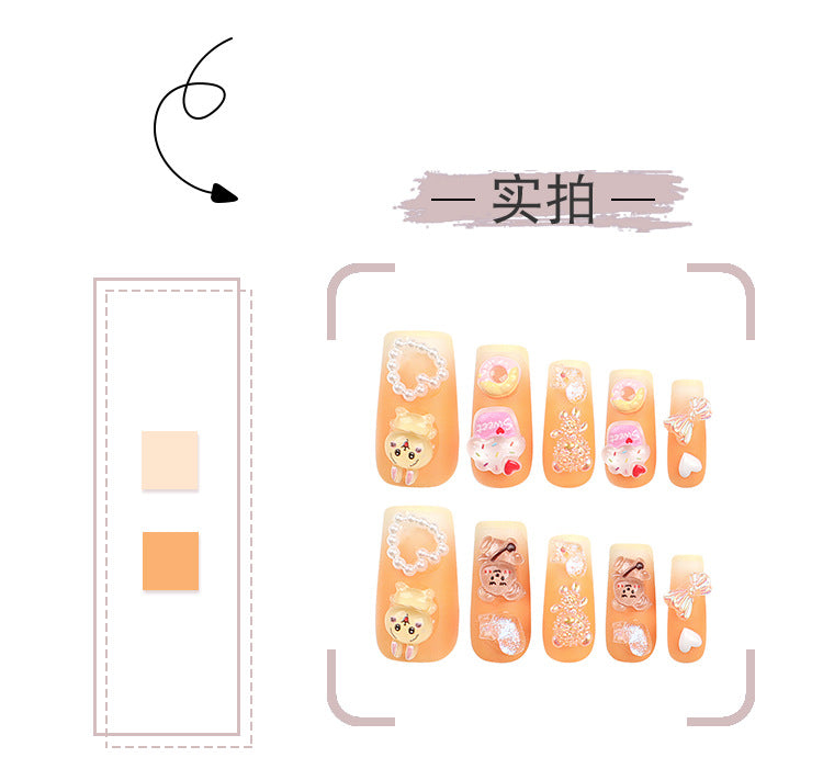 French Gradient Wear Nail Love Heart Bow Tie Nail Art Cartoon Rabbit Bear Donut Warm Color White Nail Tip