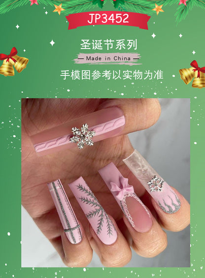 Super Long Water Pipe Nail Fake Nails Pink Sweet Tridimensional Bow Christmas Wear Nail French Snowflake Nail Tip