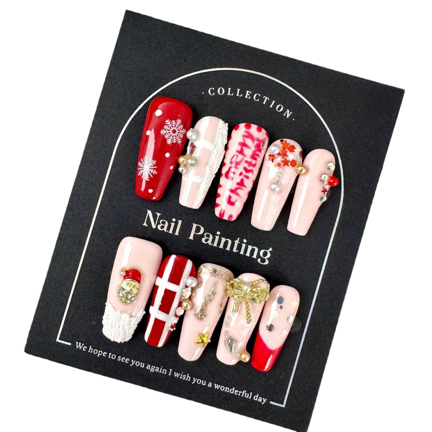 Christmas Style Hand-Painted Wear Nail Tip Mid-Length T Type Cross-Border European and American Handmade Nail Stickers Wholesale High Sense