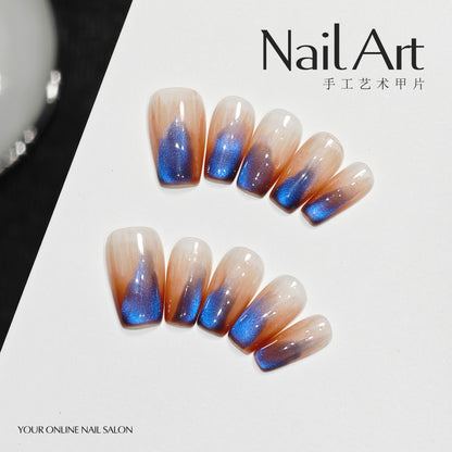 Handmade Wear Armor Ice Transparent Blue Cat Eye Advanced Texture Nail Stickers Hand Made White Fake Nail Tip Batch of Goods