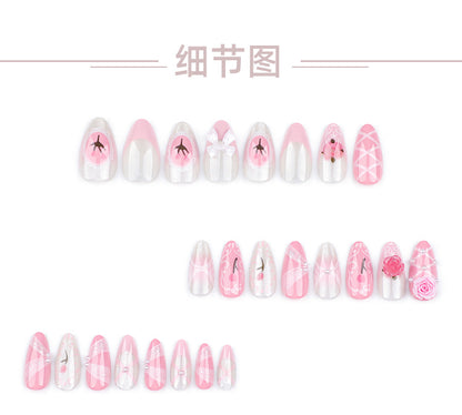 French Cute Girl Pink Nail Art Three-Dimensional Flower Wear Nail Tulip Ribbon Fake Nails Nail Tip Finished Product Wholesale