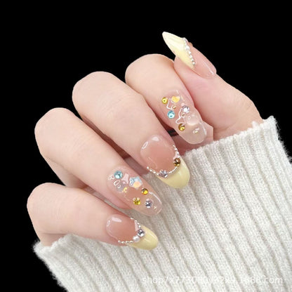 Spring and Summer New Handmade Wear Armor Light Yellow Full Diamond Flash ins Short Oval Manicure Advanced Removable Manicure