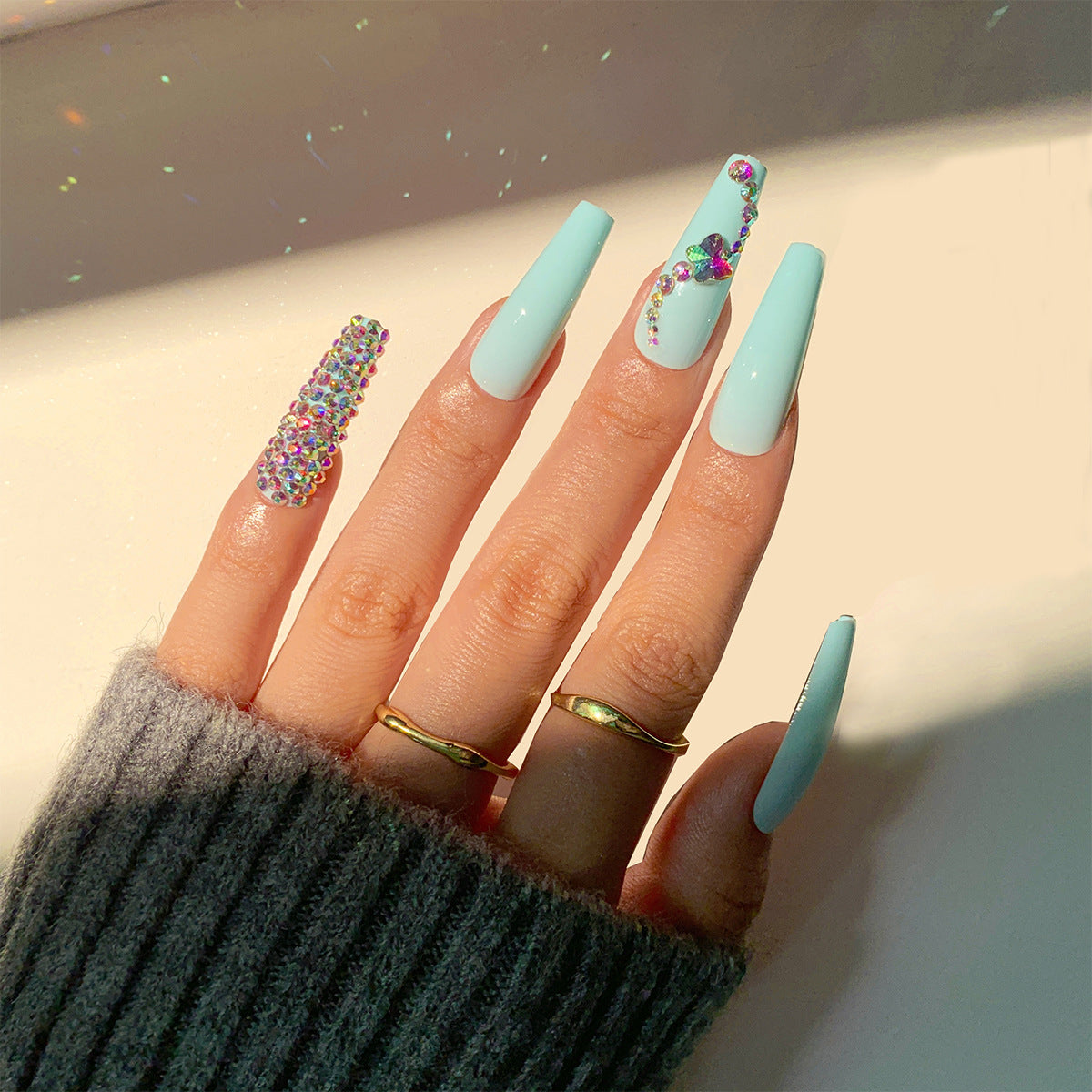 Wearing Nail Full Diamond Series Manicure Tiffany Blue Nail Patch nails Exclusive for Cross-Border Wear Armor Wholesale