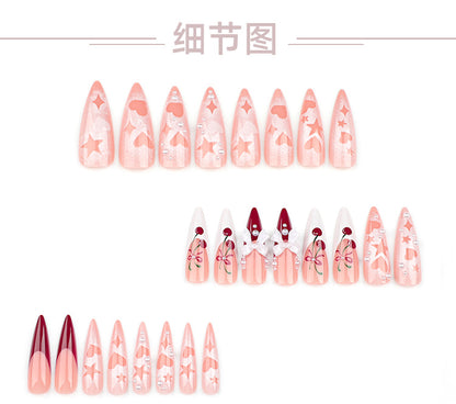 Cherry Pink French Wear Nail Three-Dimensional Bow Manicure Stars Heart Ultra-Long Pointed Wearable Nail Tip