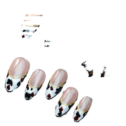 Hot Selling Handmade Wear Nail Hand Painted Cows Pattern French Almond Nail Finished Manicure Small Sweet Potato ins Popular Style