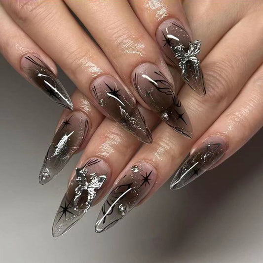 Ice Reflected with Silver Bow Wear Nail Black Cool Spicy Asterism Rhinestone Nail Beauty Long Almond Nail Fake Nails Nail Tip