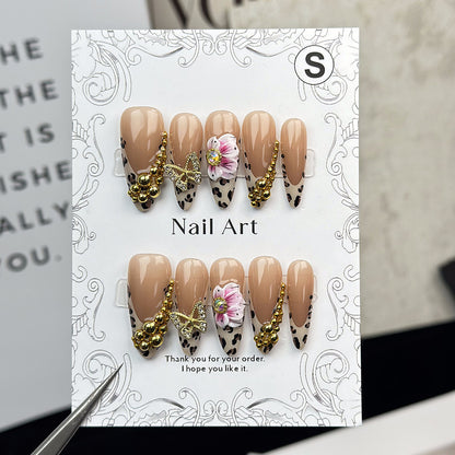 European and American Hot Almond-Shaped Nail Art French Leopard Print Butterfly Net Red Flower Wearing Nail Removable Nail Stickers Nail Tip