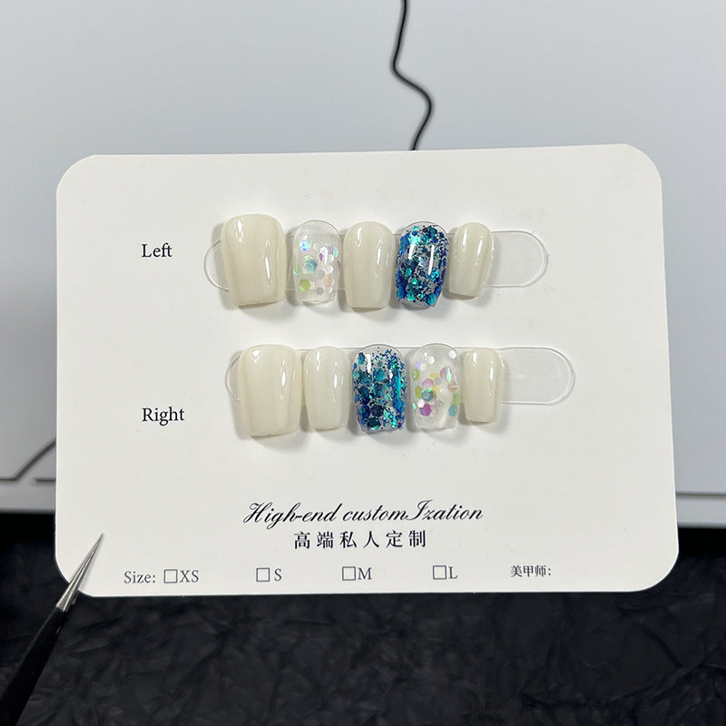 Summer Fresh Blue Sequins Short Wear Finished Nail Beauty Patch Fake Nails Handmade Wear Nail Wholesale