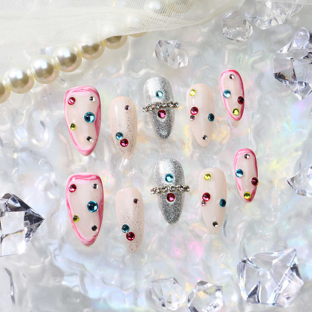 New Nail Beauty Patch Wear Nail Summer Handmade Nail Middle Almond with Colorful Crystals Dopamine Flash Hair Generation