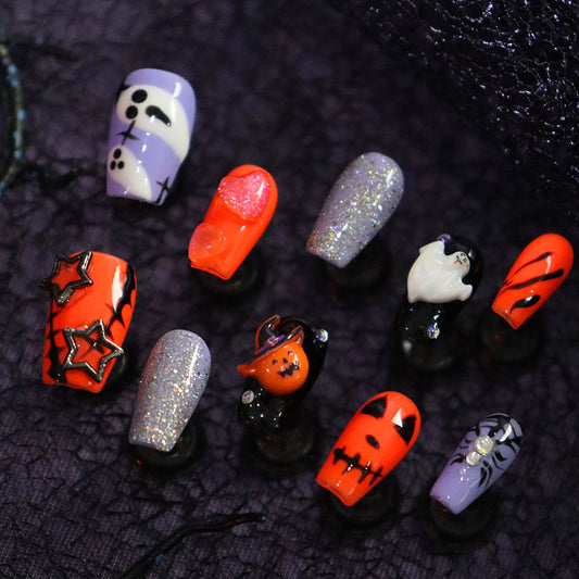 New Nail Beauty Patch European and American Halloween Hand-Painted Three-Dimensional Funny Ghost Spider Pumpkin High-Grade Wear Armor