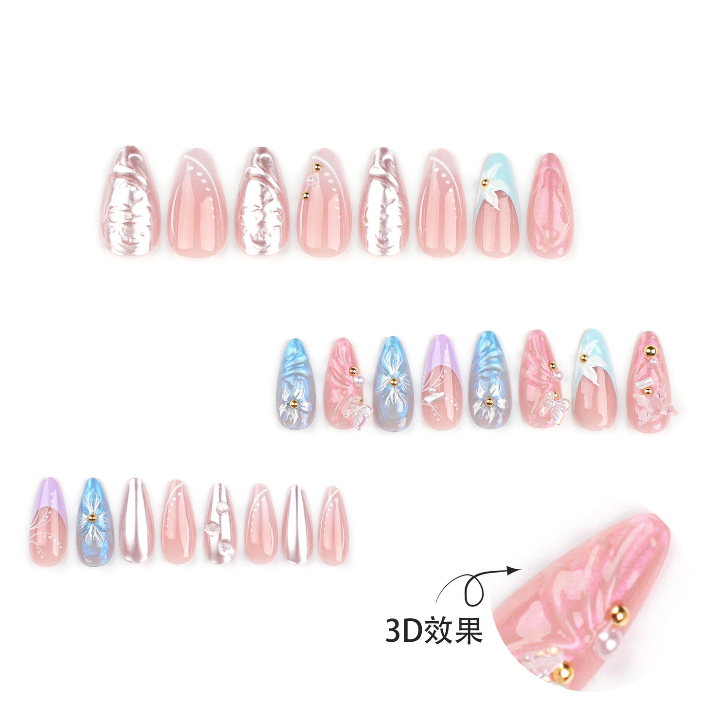 Three-Dimensional Water Ripple Wear Nail Manicure Wholesale French Spot Drill Butterfly Flower Fake Nails press on nail