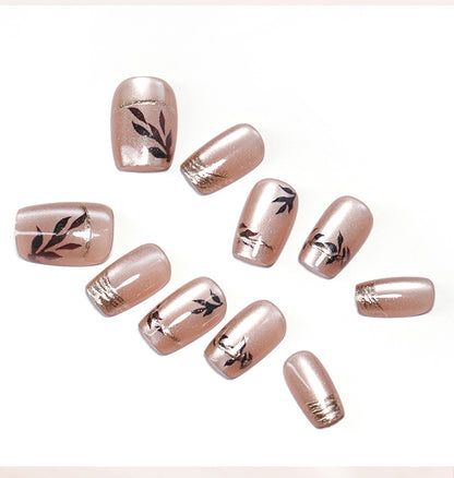 Nude Pink Cat Eye Wear Nail French Bronzing Nail Polish Cross-Border Hot Selling Leaves Nail Tip press on nails