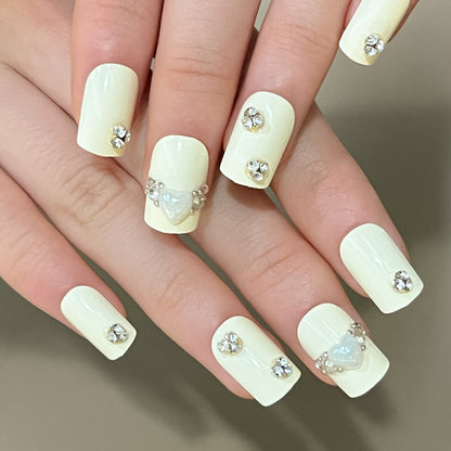 Yellow and White Solid Color Rhinestone Flash Wear Armor White Love Diamond Nail Sticker Wear Rectangular Nail Piece Wholesale