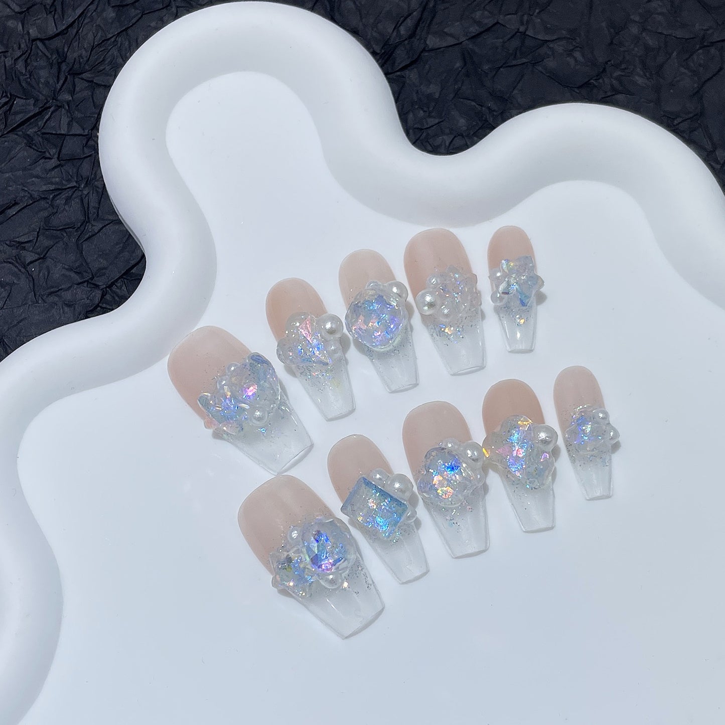 Spring and Summer French Style Pile Rhinestone Hand-Worn Nail White Sea Salt Diamond Mid-Length Nail Stickers Wearable Nail Sticker