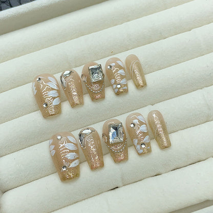 Handmade Wear Nail Short Ladder Thin and Glittering Hand Painted Small Flower Cube Candy Diamond Wear Nail Pure Want to Show White Nail Stickers UV Nail