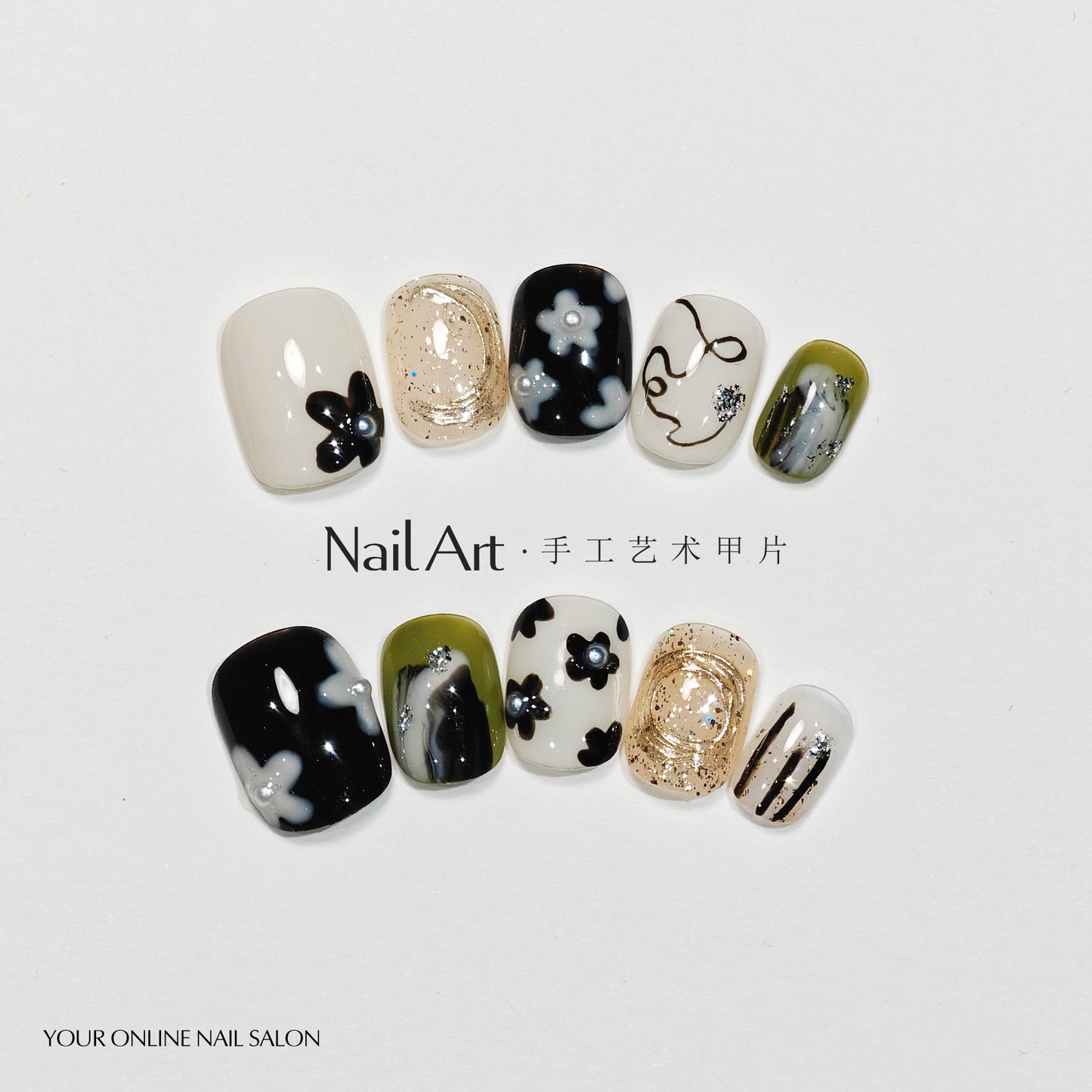 Handmade Nail Advanced Texture Gold Foil Graffiti White Short Blooming Cute Nail Stickers Fake Nails Wholesale