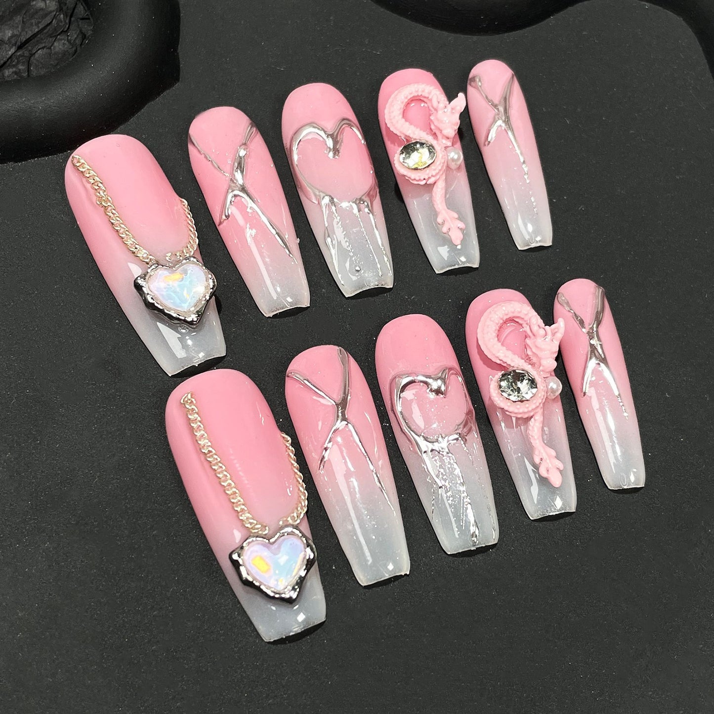 Sweet Cool Hot Girl Hand Wear Armor ins Wind Metal Texture Dragon Year Long Nail Stickers Wearable Nail Sticker