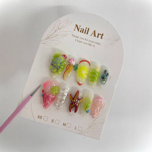 Cross-Border European and American Hand-Painted Happy Underwater World Hot Selling Hot Models Pinch White High-Grade Long Manicure