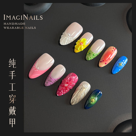 Hot Selling in Europe and America3D Three-Dimensional Carved Almond Nail Pure Hand-Worn Nail Piece