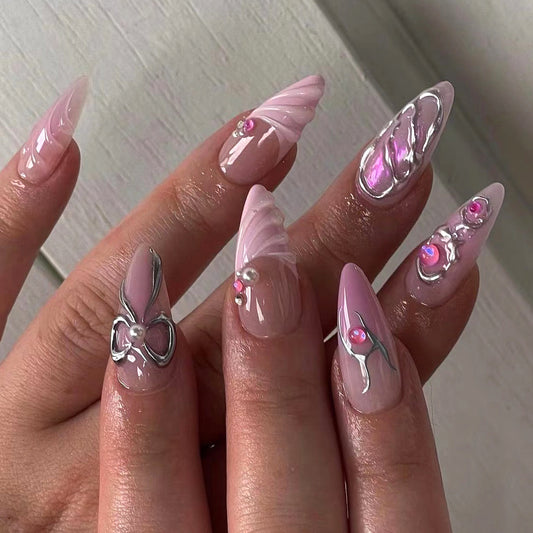 Three-Dimensional Bow Handmade Magic Mirror Effect Powder Silver Wear Nail Manicure Wholesale French Pink3D Sweet Fake Nails