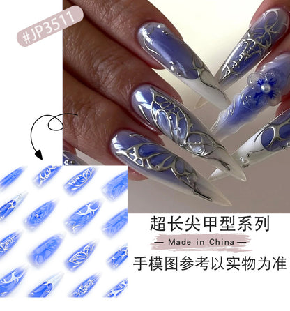 Blue Manicure French White Fake Nails Hot Silver Butterfly Wearable Nail Tip3D Flower Pearl Nails Patch