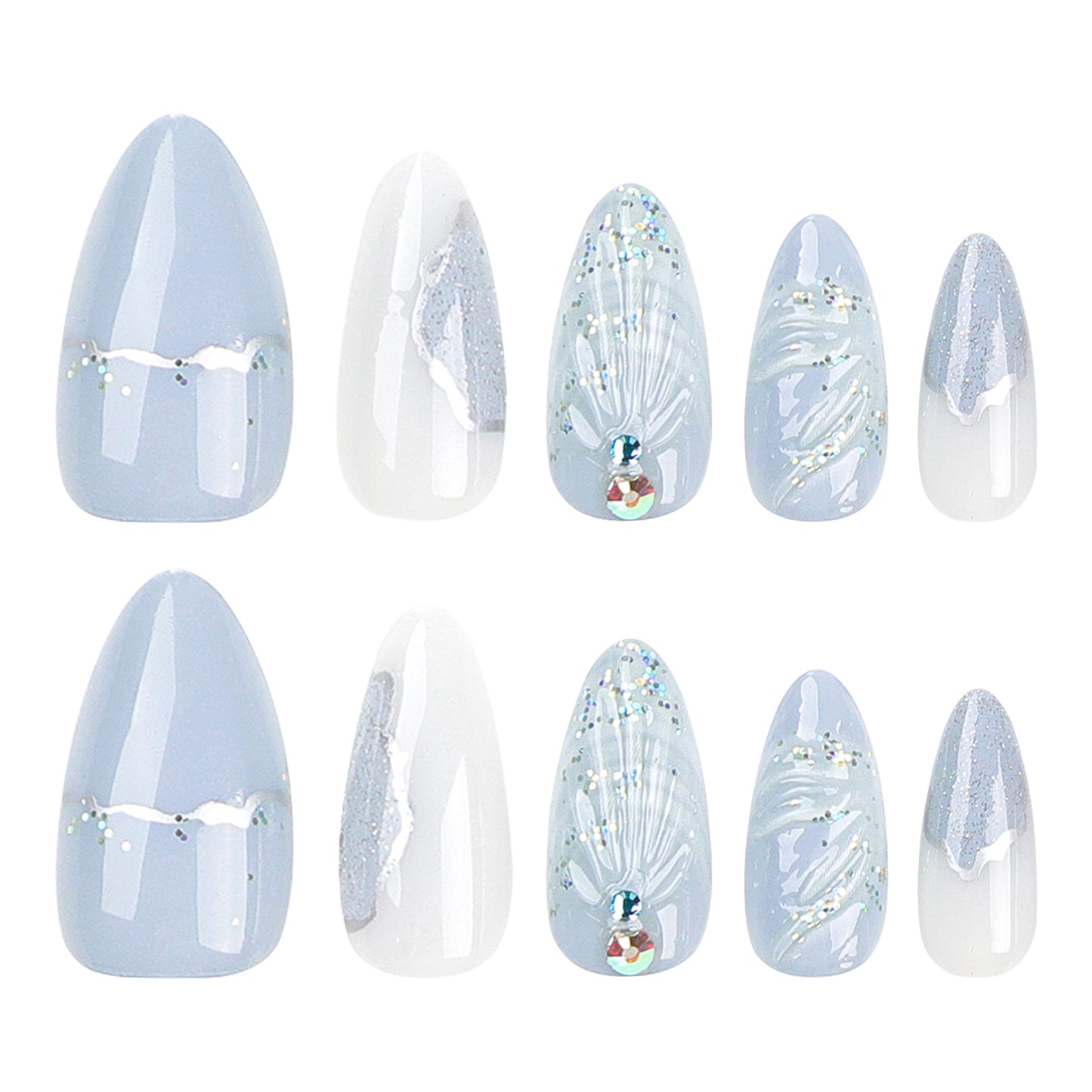 Cross-Border Hot Selling Wear Nail Polish Finished Products Wholesale Cold Color Pallete3D Water Drop Shell Nail Art Almond Fake Nails