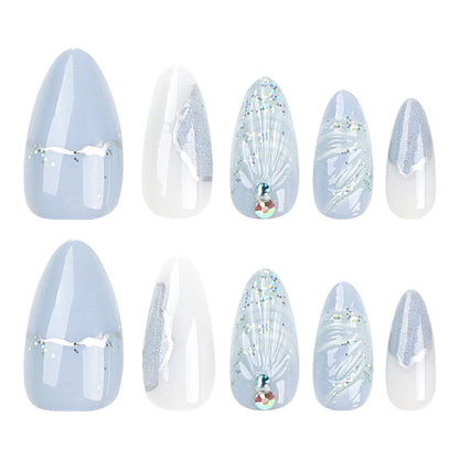 Cross-Border Hot Selling Wear Nail Polish Finished Products Wholesale Cold Color Pallete3D Water Drop Shell Nail Art Almond Fake Nails