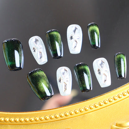 Senior Emperor Green Cat Eye Wear Nail Firefly with Diamond Simple Fashion Manicure European and American Green Phantom Quartz Handmade Manicure