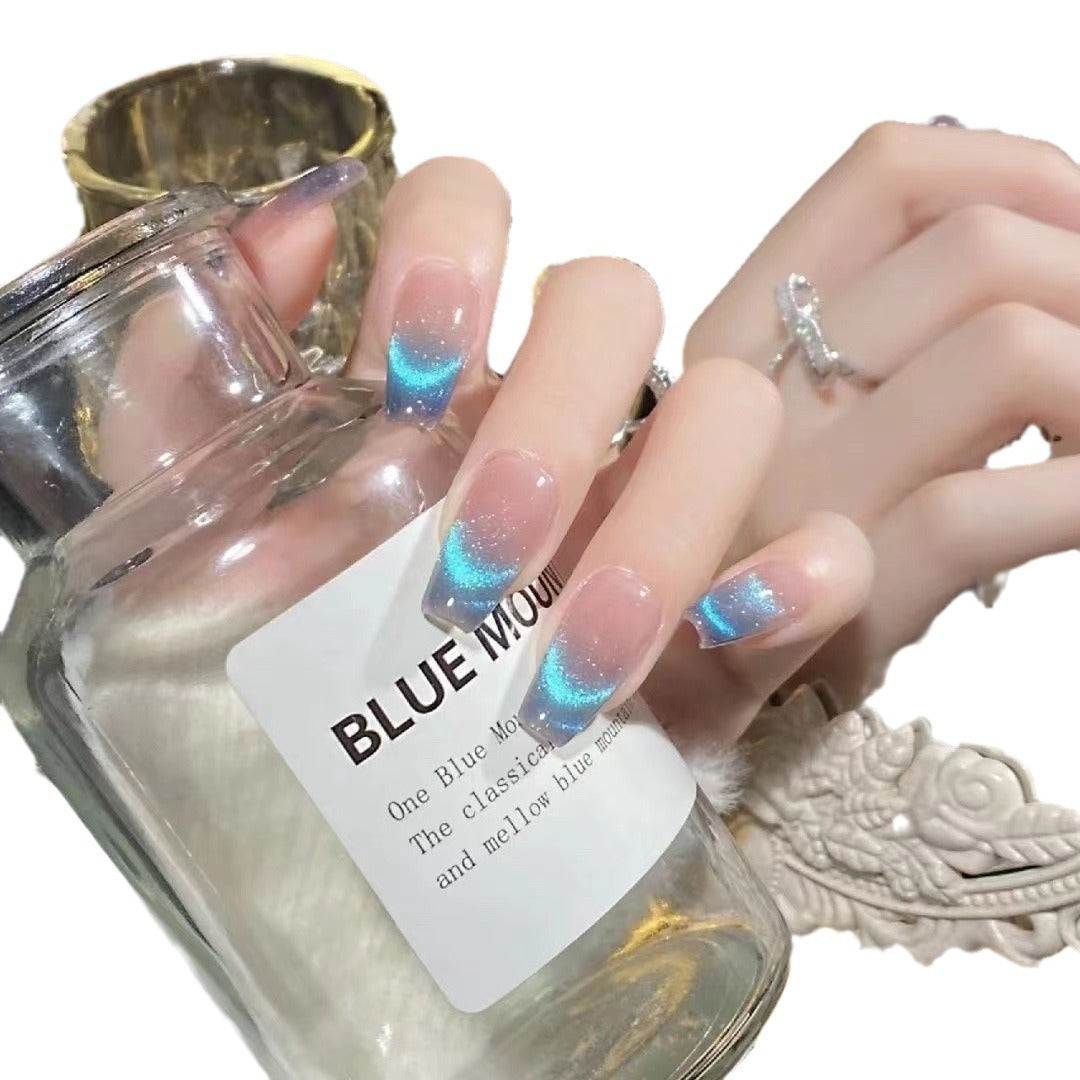 Blue Cat Eye Handmade UV Nail Beauty Wear Armor White Advanced Light Luxury Temperament Gentle Blue Gradient Detachable