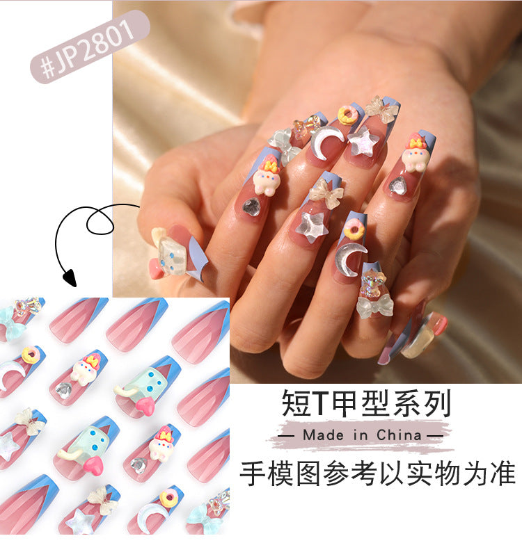 Sweet Tridimensional Cartoon Star Moon Manicure Summer Style Wearable Nail Tip Cute Cartoon Rabbit Wear Nail