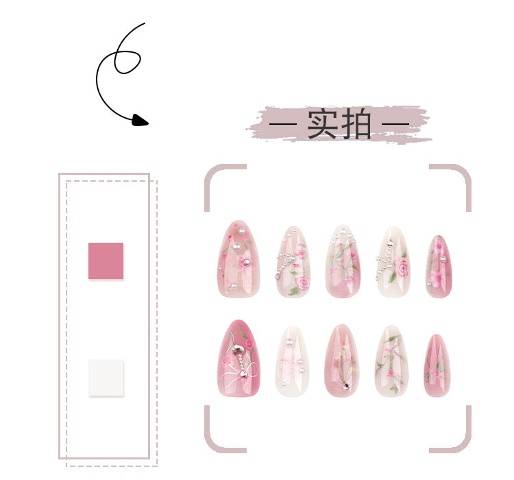 Summer New Monet Manicure Sweet Pink Blooming Rose Wear Nail Polish Short Almond Fake Nails