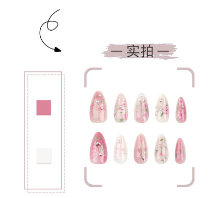 Summer New Monet Manicure Sweet Pink Blooming Rose Wear Nail Polish Short Almond Fake Nails