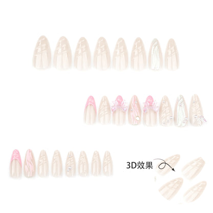 Sweet French Pink Wear Armor3D Pearl Nail Beauty Fake Nails Stereo Bow Nail Tip fake nails